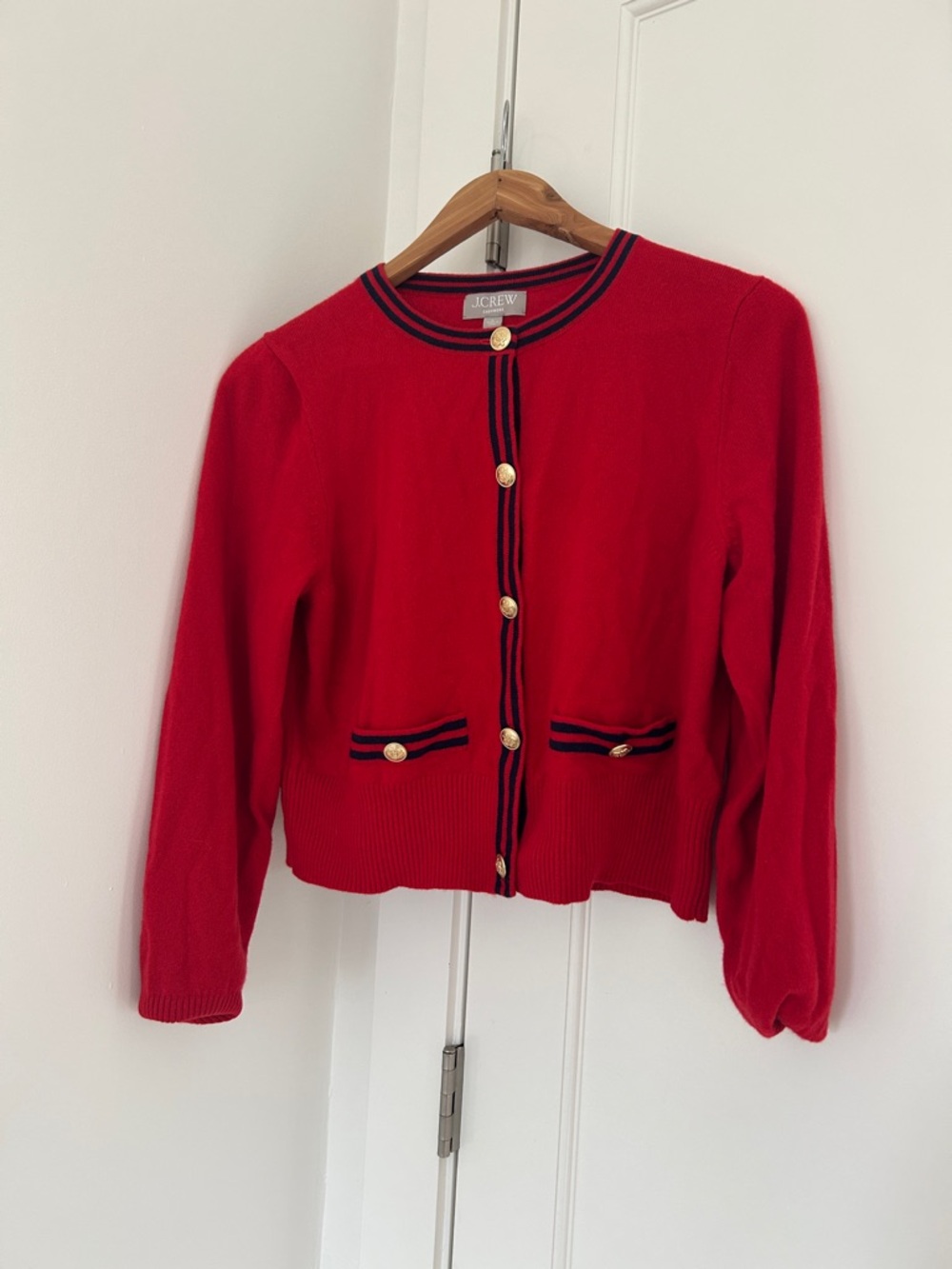 J. Crew Red cashmere Cardigan with Navy Trim and Gold Buttons